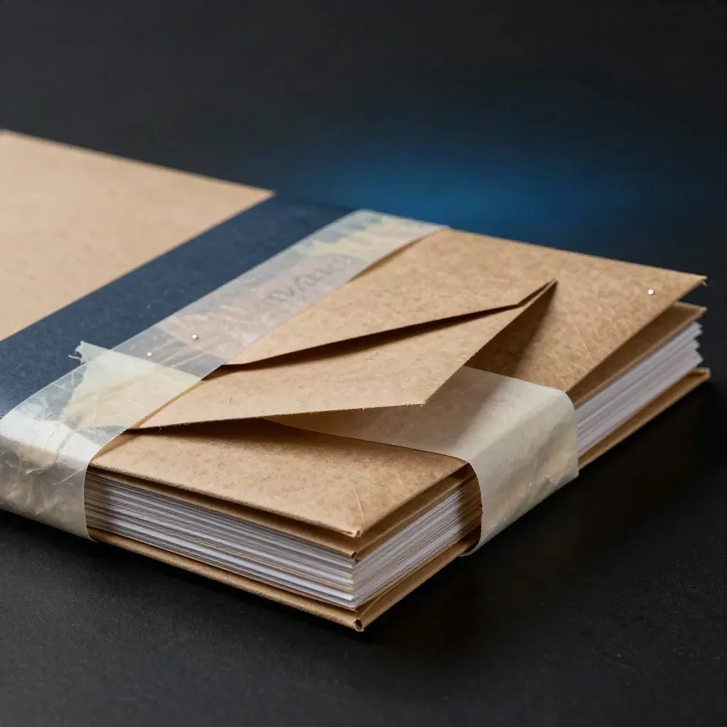 Dossier de papel kraft con sobres y cinta, envuelto en tela suave sobre fondo oscuro.