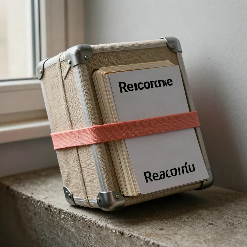 Estuche rígido con tarjetas de campaña y banda elástica sobre hormigón oscuro.