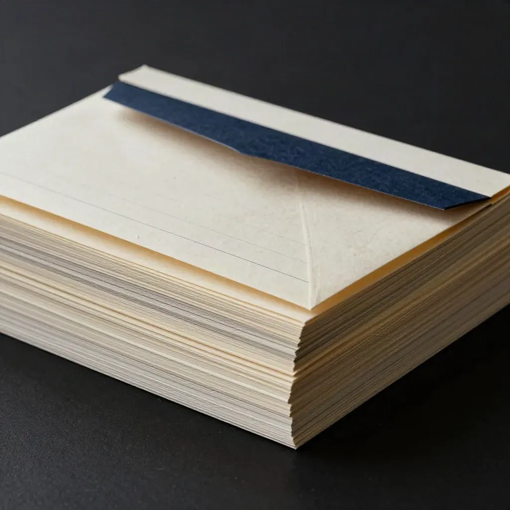 Tarjetas de mensajes, cuaderno estrecho y sobre mineral sobre fondo oscuro.