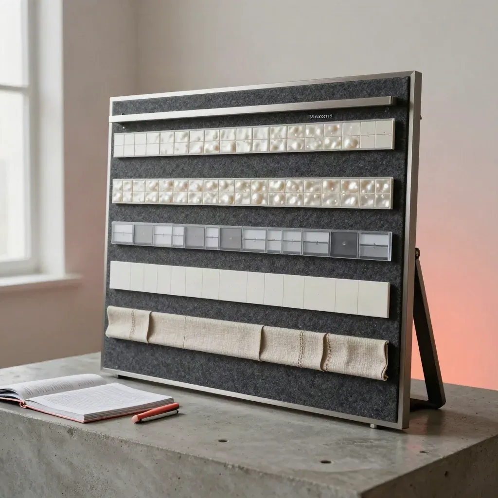 Tablero físico de métricas con fichas, bandas y carpeta sobre base de hormigón.