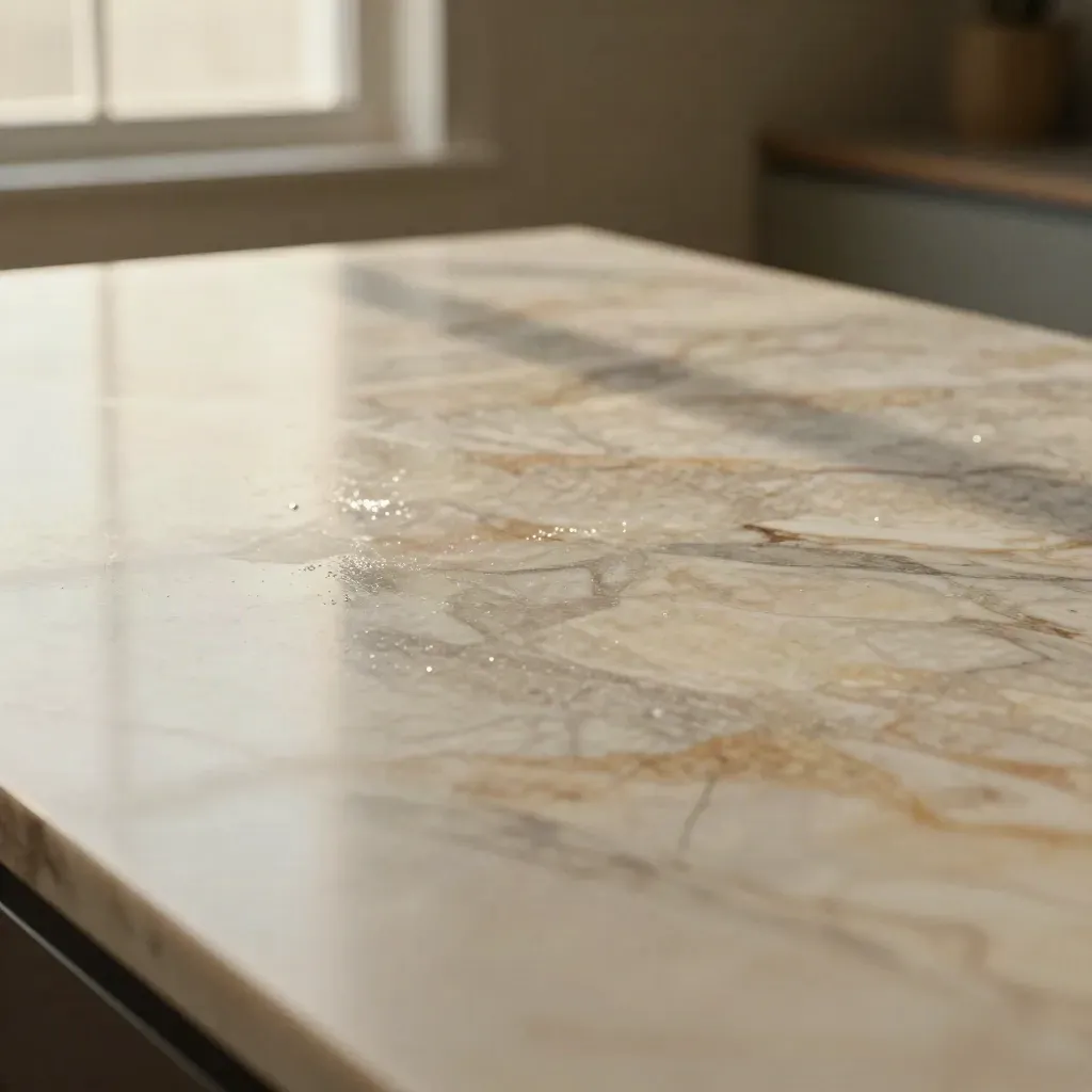 Plancha de mármol crema húmedo con veta suave y borde de madera oscura, luz lateral cálida.